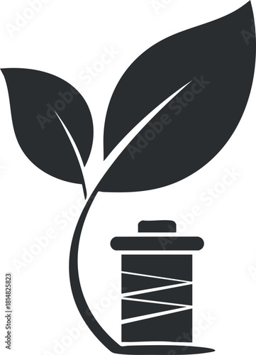 Modern minimalist vector illustration featuring a sewing spool entwined with a green leaf, symbolizing eco-friendly crafting.