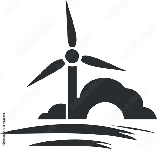 Stylized vector illustration of a wind turbine against a cloudy backdrop, ideal for renewable energy projects and environmental themes