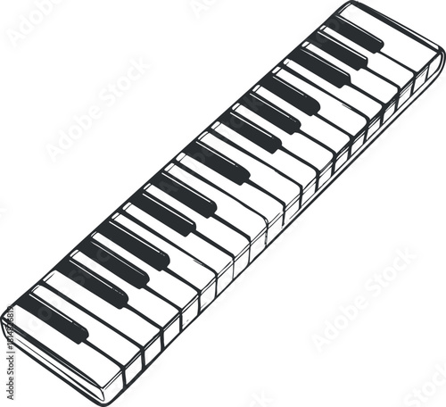 Illustration of a minimalist black and white melodica keyboard featuring piano keys, ideal for music-themed design projects.