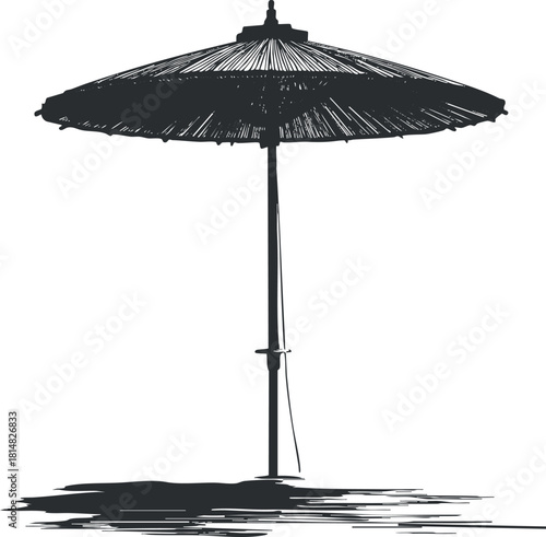 Minimalist black and white vector illustration of a beach umbrella for summer and vacation-themed design projects