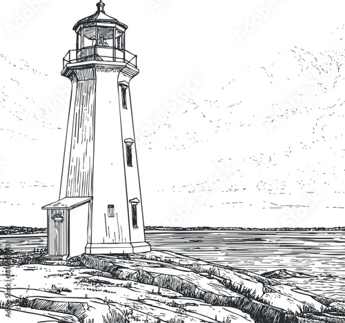 Hand-drawn vector illustration of a lighthouse by the sea, showcasing coastal architecture and natural scenery for nautical themes.