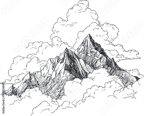 Intricate black and white vector illustration of mountain peaks surrounded by fluffy clouds, perfect for nature-themed designs.