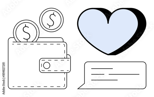 Wallet with coins, blue heart, and chat bubble emphasizing charity, financial support, donations, online payments, communication, economic relationships, and compassion in a simple flat metaphor