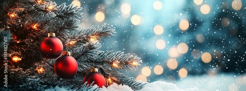 Festive Christmas Tree With Red Ornaments and Snow in a Winter Wonderland Set...