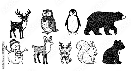 A collection of black and white hand-drawn illustrations featuring various forest and winter animals including deer, owl, penguin, bears, fox, fawn, squirrel, and a snowman.