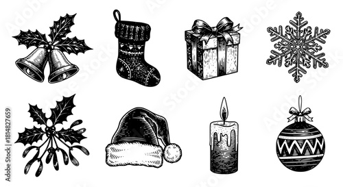 Vintage hand-drawn Christmas holiday elements set including bells, stocking, gift, snowflake, holly, mistletoe, Santa hat, candle, and bauble.