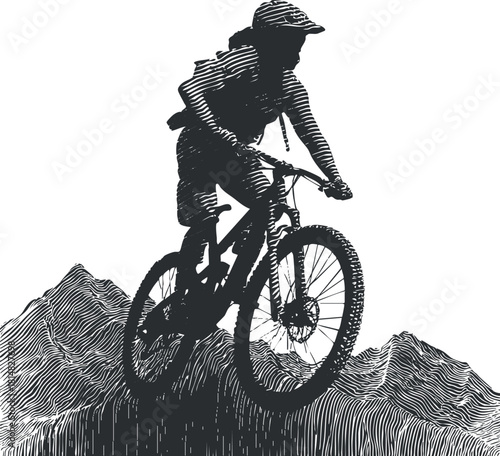 Dynamic black and white vector illustration of a mountain biker jumping over a rugged landscape, ideal for sports-themed designs
