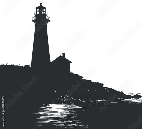 Silhouette vector illustration of a lighthouse on a rocky shoreline, ideal for maritime and travel-themed design projects