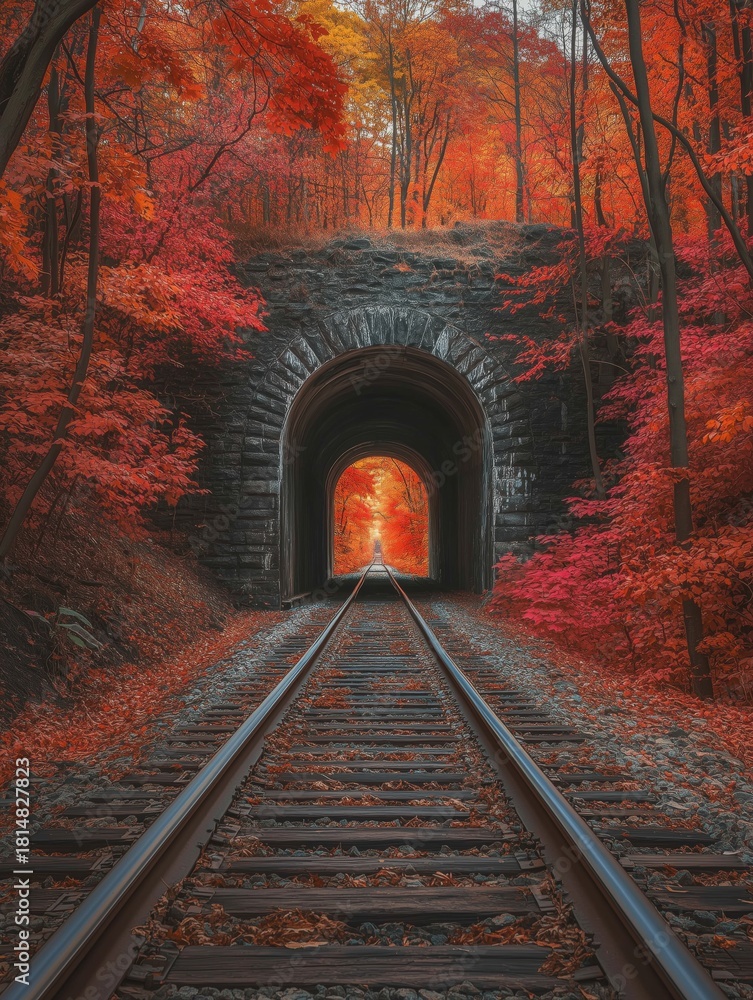 Fototapeta premium Vibrant Autumn Colors Surround a Railroad Tunnel in a Serene Forest Setting