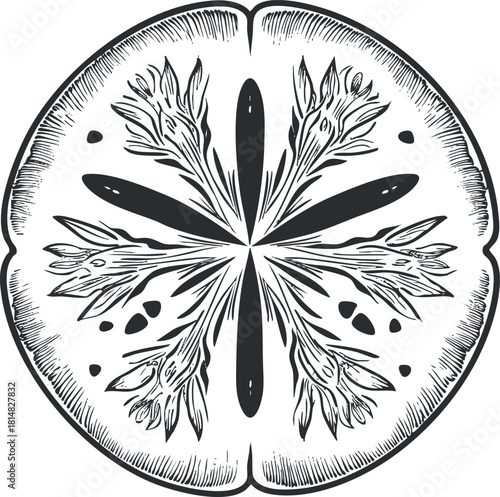 Detailed black and white vector illustration of a tomato slice featuring floral elements, ideal for food packaging and culinary designs