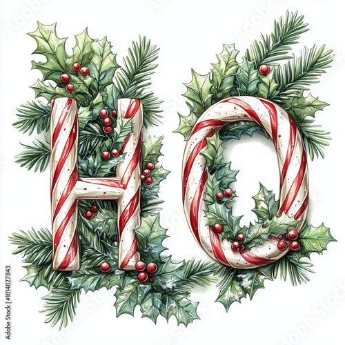 Holiday Decorations Featuring Candy Cane Letters and Holly Leaves in Festive ...