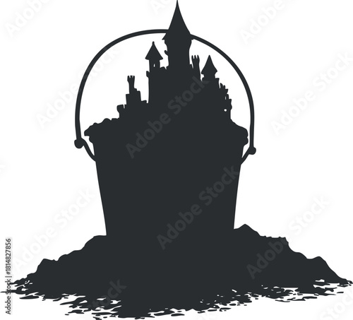 Silhouette vector illustration of a fantasy castle within a bucket, ideal for children's storybooks or creative design projects