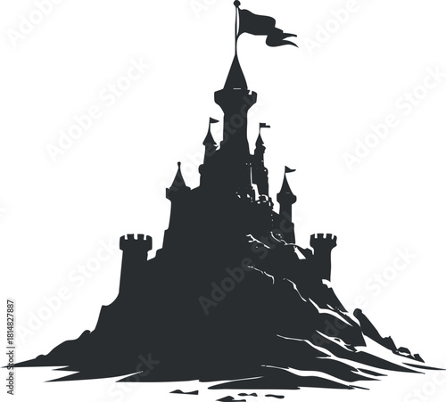 Silhouette vector illustration of a majestic castle on a hill, ideal for fantasy-themed design projects and artwork.