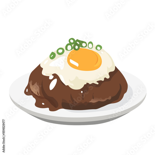 Modern flat 2D vector illustration of Loco Moco, clean and minimal design, isolated on white background.