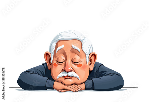 Elderly Gentleman with White Hair Sleeping Peacefully on Table Over White Background Reflecting Serenity and Quietness
