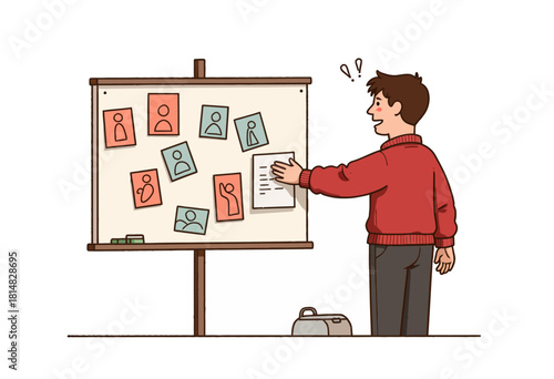 Illustration of a Person Analyzing a Bulletin Board with Various Images and a Document, Wearing Red Sweater, Amidst a Setting Suggesting Communication and Planning