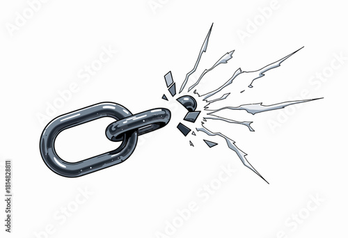 Illustration of a metal chain link breaking apart with dynamic shattering effect, symbolizing breakthrough, freedom, and overcoming obstacles
