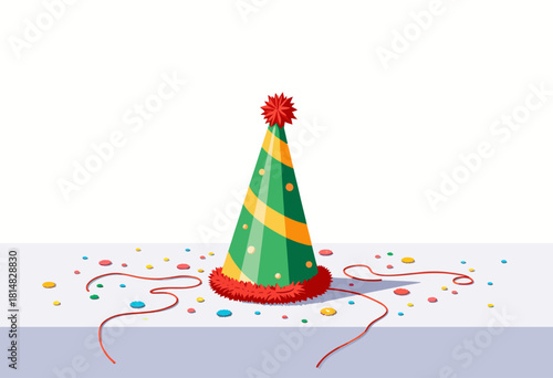 Colorful festive party hat on a table surrounded by vibrant confetti and ribbons, symbolizing a joyful and celebratory atmosphere perfect for any occasion