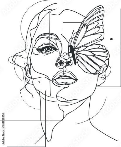 Elegant minimalist line art illustration of a woman with a butterfly, perfect for modern design and decor projects