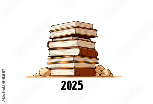 Illustration of a Stack of Vintage Books atop Rocks with 2025 Highlighting the Year of Literary Exploration and Knowledge
