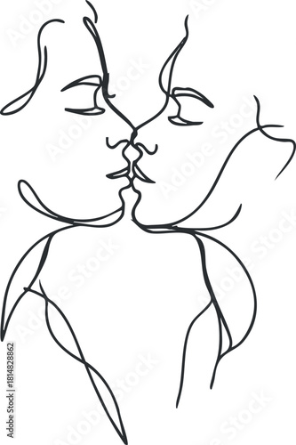 Stylized line art illustration of a couple kissing, embodying love and intimacy in a minimalist design for art and decor.