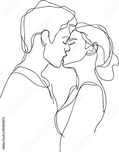 Minimalist line art illustration of a couple sharing a romantic kiss, ideal for modern design projects and decor