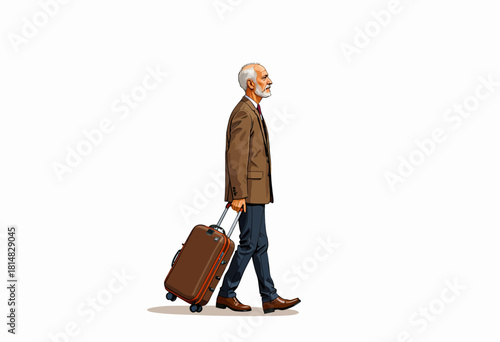 Elderly gentleman in a suit gracefully walking with a suitcase on wheels, symbolizing travel, experience, and a lifetime of adventures