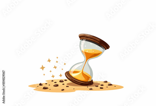 Illustration of a Tilted Hourglass on Sand with Glittering Particles Representing the Flow of Time Against a White Background