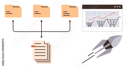 Organized file folders connected to a document stack, e-commerce sales chart, and rocket launch symbolizing data management, business growth, and speed. Ideal for team collaboration, efficiency