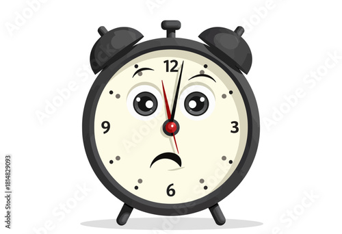 Illustration of a classic alarm clock with anthropomorphic face displaying a concerned expression against a white background