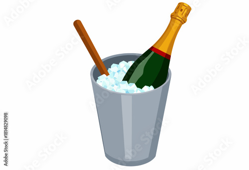 Illustration of a Chilled Champagne Bottle in a Silver Ice Bucket with Ice Cubes and a Wooden Tongs for a Celebration or Special Occasion