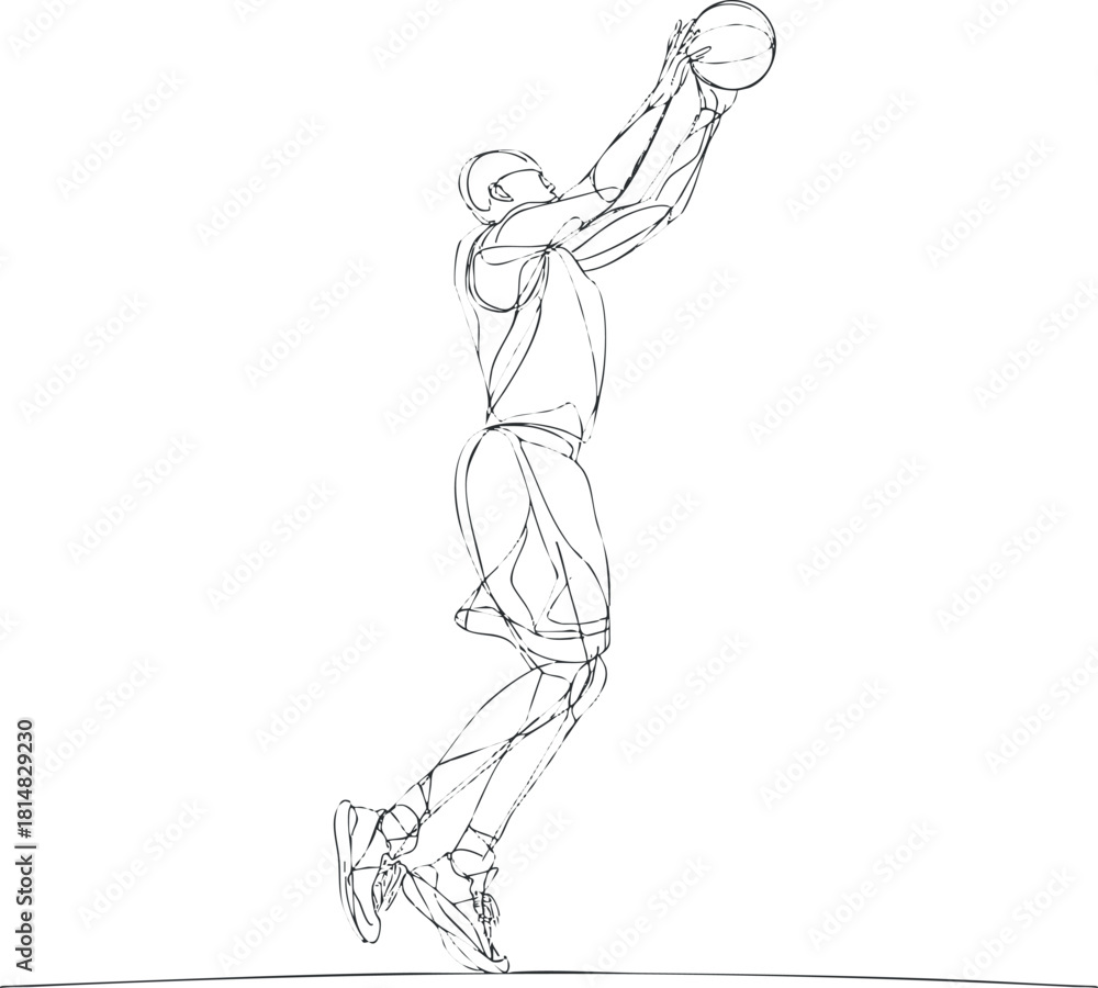 Fototapeta premium Stylized line art illustration of a basketball player jumping to shoot the ball, perfect for sports-themed designs and fitness concepts