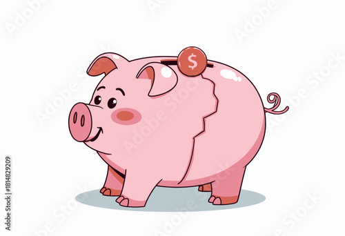 Illustrated pink piggy bank with shiny coin slot and inserting golden coin, symbolizing savings and financial investment on clean white background