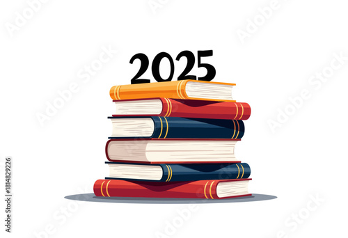 Stack of colorful books with the year 2025 displayed on top symbolizing future learning, education, reading and knowledge transition over time.