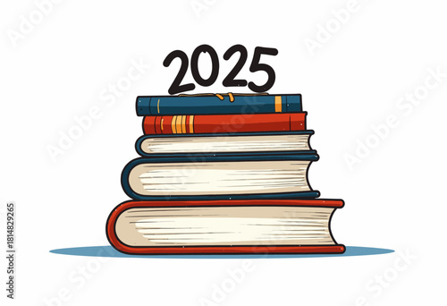 Stack of Books Topped with the Year 2025, Symbolizing the Progression and Journey of Knowledge into the Future