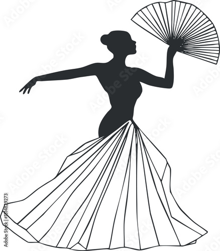 Elegant silhouette vector illustration of a dancer gracefully holding a fan, ideal for art and fashion projects