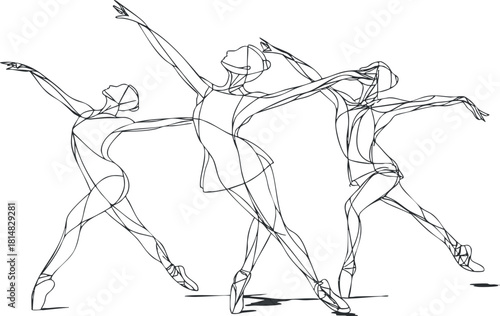 Stylized line art illustration of three graceful ballet dancers in dynamic poses, perfect for artistic and dance-related projects