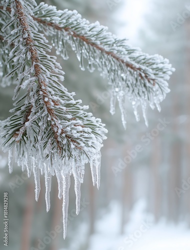 Frozen Pine Branch With Icicles Glistening in a Winter Wonderland Scene