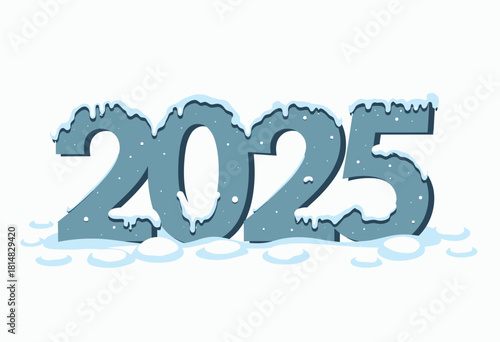 Illustration of the year 2025 covered in snow and ice, symbolizing a wintery New Year celebration with icy numerals and snowflakes on a frosty backdrop.