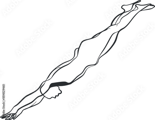 Minimalist line art vector illustration of a diver in motion, ideal for sports and wellness branding projects
