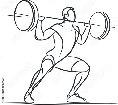 Dynamic line art illustration of a weightlifter performing a squat with a barbell, suitable for fitness and sports branding.