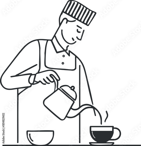 Minimalist line art vector illustration of a barista pouring coffee into a cup, ideal for cafe branding and food design projects
