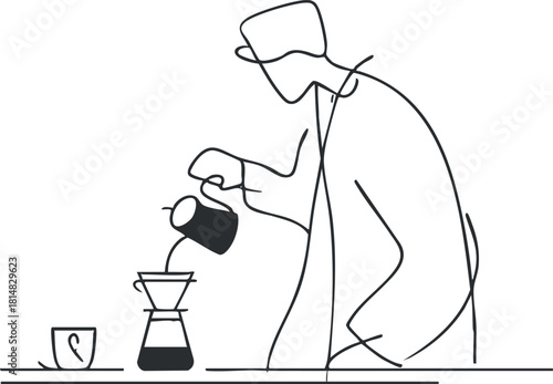 Minimalist line art illustration of a barista brewing coffee with a pour-over method for cafe and kitchen design