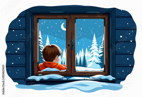 Child Looking Out Snowy Window at Nighttime Winter Scene with Pine Trees and Crescent Moon in Colorful Artistic Illustration