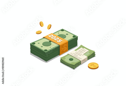 Illustration of Stacked and Bundled Money with Coins Representing Financial Growth and Planning for the Year 2025 Highlighting Economic Prosperity