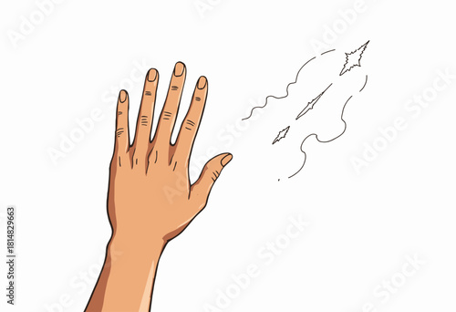Illustration of an outstretched hand releasing abstract energy forms on a clean white background, symbolizing creative expression and imaginative dynamics