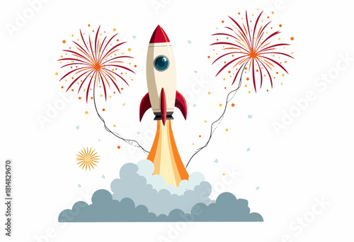 Illustration of a Rocket Launching Amidst Colorful Fireworks Display Celebrating a Spectacular Event with Clouds and Stars in a Vibrant Night Sky