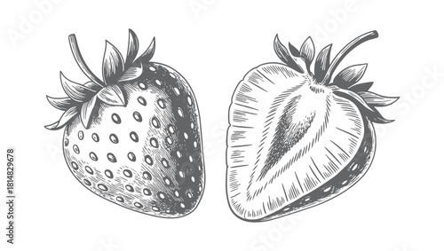 Botanical strawberry plant with blossom in vintage engraving style. Engraved strawberry plant with ripening fruit and floral. 