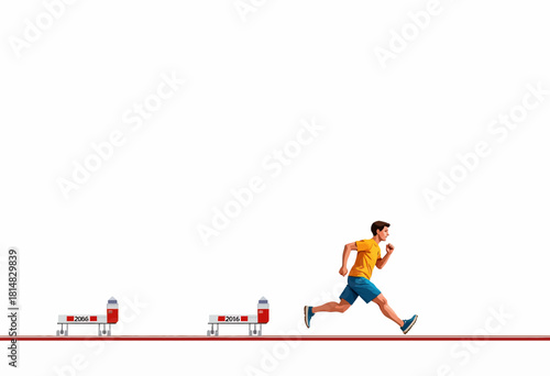 Man Sprinting on Track with Determination and Energy Accompanied by Series of Hurdle-like Obstacles in a Minimalist Athletic Setting