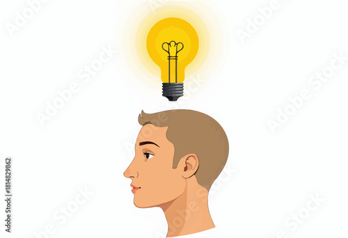 Side Profile of Person Contemplating Innovative Ideas with Bright Lightbulb Symbolizing Creativity and Inspiration